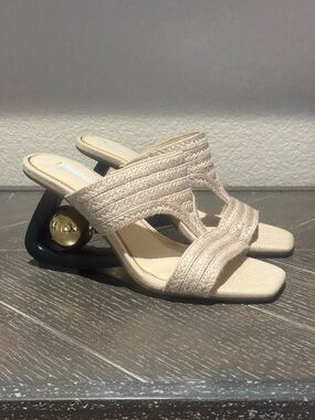 Gianni Bini Strappy Neutral Heels w/ Sculptural Gold Ball Heel | Size 7.5 NWOT